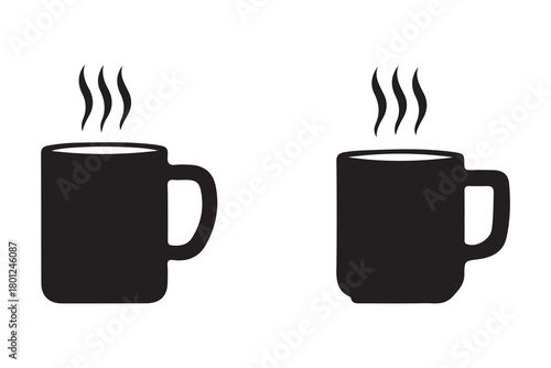 Two steaming black coffee mugs with handles and rising steam isolated on white background