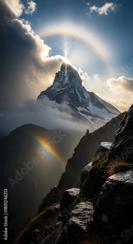 A majestic snow-capped mountain peak surrounded by clouds with a rainbow halo and a vibrant rainbow reflection in the foreground under a bright sky