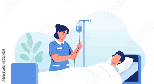 Medical Professional Administering Intravenous Fluids to Patient in Hospital Room