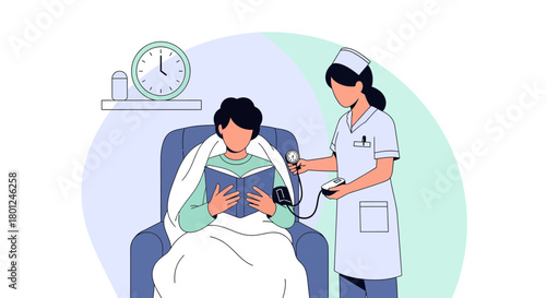 Hospitalized Patient Receives Blood Pressure Monitoring While Reading Book For Healthcare