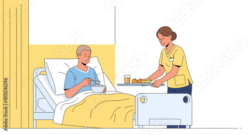 Hospitalized Patient Receives Nutritious Meal from a Caring Nurse in a Modern Medical Setting