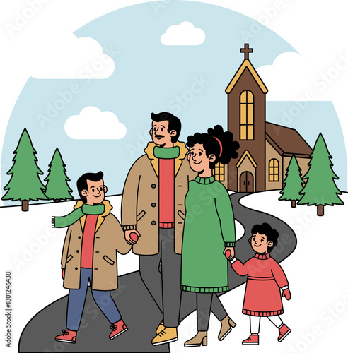 Going to church with family illustration.