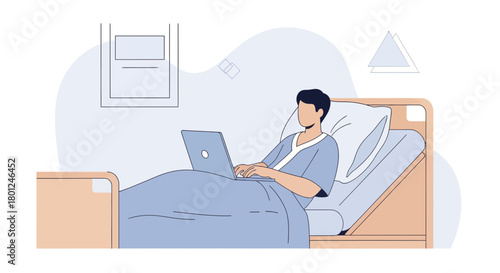 Hospitalized Patient Uses Laptop In Bed While Possibly Working or Seeking Information Online