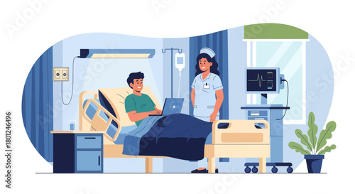 Hospitalized Patient Uses Laptop With Nurse Monitoring Vital Signs in The Room