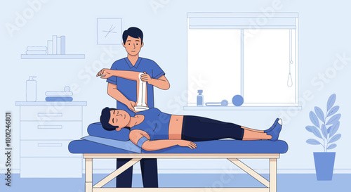Medical Professional Applying Bandage to Patient's Arm in Modern Consultation Setting