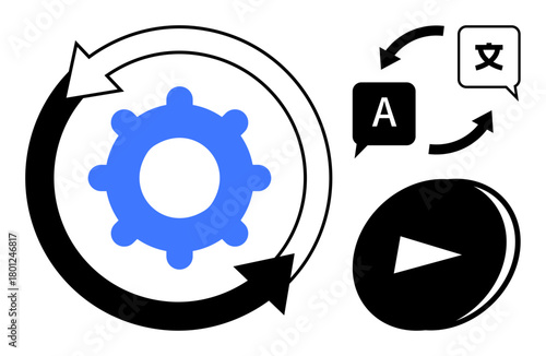 Gear encircled with arrows, language icons with translation arrows, and play button. Ideal for automation, process flow, language learning, machine learning, global communication, workflow