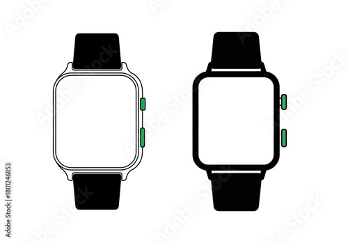 Two minimalist vector illustrations of smartwatches with black bands and green buttons.