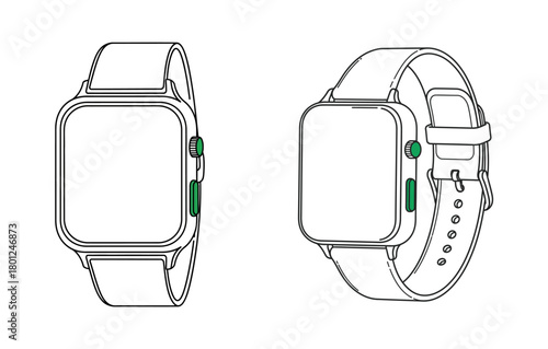 Two detailed line drawings of a modern smartwatch with a square face and a silicone strap, shown from different angles.