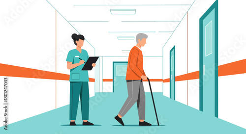 Medical Professional Evaluating Elderly Patient in Corridor Inside Hospital Setting