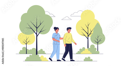 Medical Professional Assisting A Patient Strolling Outdoors For Rehabilitation Purposes