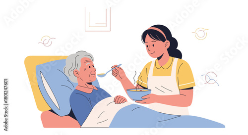 Illustration Of Caring Nurse Feeding Elderly Patient In A Hospital Bed