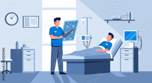 Medical Professional Examining Patient's Scan Results in Hospital Room Environment View