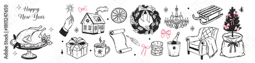 Hand drawn Christmas and New Year set. Whimsical holiday sketch elements. Turkey, house, cookies, tree, presents, wreath, bows in doodle style.