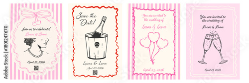 Ink doodle sketch wedding invitation set. Hand drawn frames with elegant bride, ice bucket, heart balloons and sparkling champagne glasses.