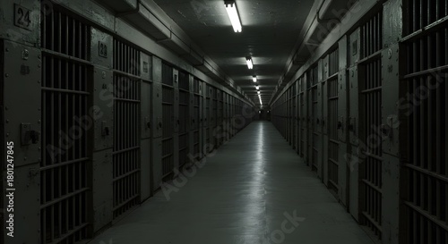 Wallpaper Mural Dimly lit prison hallway with barred cells receding into the distance, conveying a somber atmosphere Torontodigital.ca