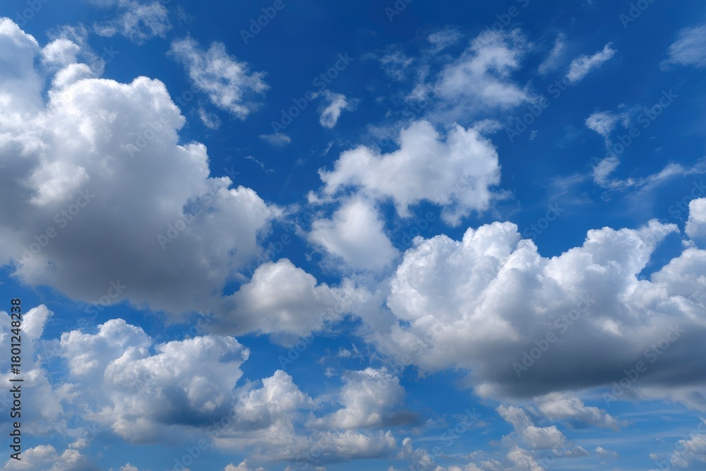 Naklejka premium Fluffy white clouds scattered across a vibrant blue sky