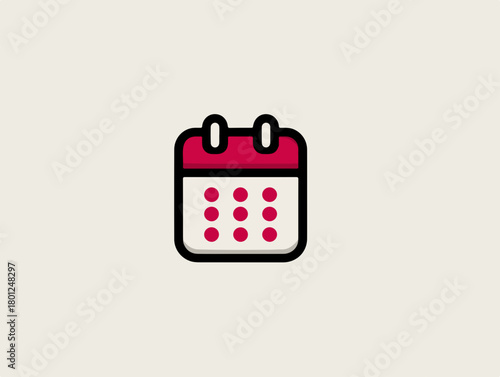 Icono de calendario vectorial minimalista con detalles rojos sobre fondo neutro claro, símbolo de planificación.