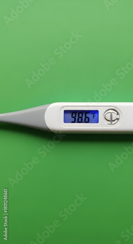 Digital thermometer displaying a temperature of 98.6 degrees Fahrenheit on a vibrant green background