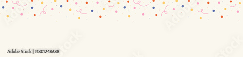 Сute abstract seamless border, background of colorful falling top down confetti of multicolored lines, streamers, squiggles on light background; hand-drawn vector illustration; flat style, copy space