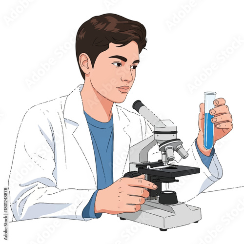 Scientist in a white lab coat examining a sample with a microscope while holding a test tube in a laboratory setting.