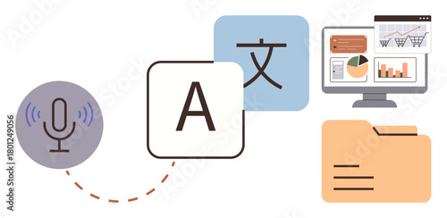 Microphone, alphabet character, translation symbol, monitor with charts, and folder. Ideal for communication, translation, data storage, analytics language tools content creation digital workflow