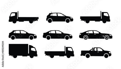 Automotive vehicle silhouettes set on white background