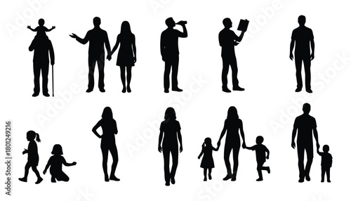 Many detailed black silhouettes of diverse human figures