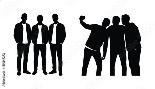 Friends standing, posing for group, taking a selfie.