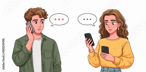 Joven pareja en comunicación simultánea: uno hablando por móvil y la otra enviando mensajes de texto.