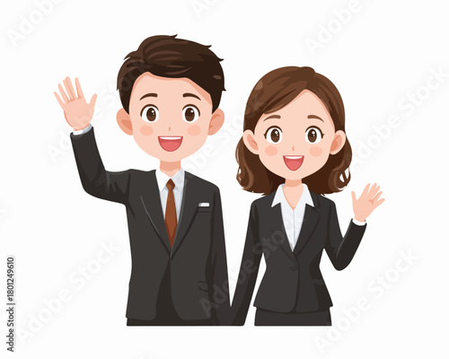 Pareja de empresarios sonriendo y saludando, listos para el éxito en el mundo corporativo.