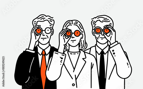 Tres personas con binoculares buscando el futuro, concepto de visión y oportunidad.