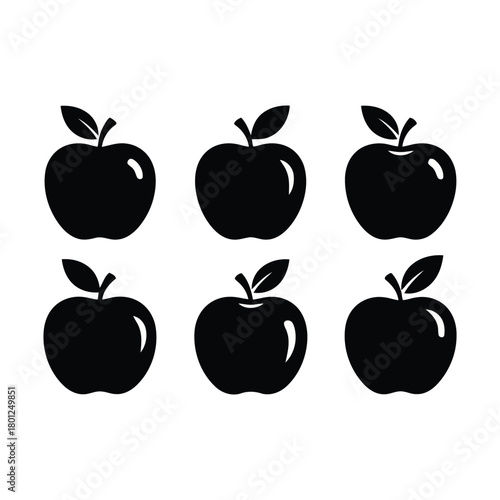 Six black apple silhouettes with stem and leaf details