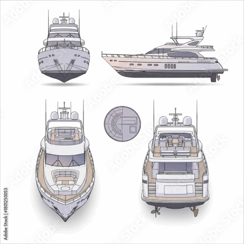 Modern Luxury Yacht Vector Illustration Blueprint Design Set