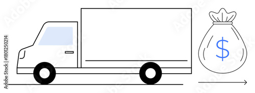 Delivery truck moving right toward a large money bag with a dollar sign. Ideal for logistics, transportation, business profit, financial growth, commerce, cargo handling, simple flat metaphor
