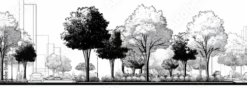 Ilustración vectorial en blanco y negro de un paisaje urbano con árboles y edificios, ideal para diseños.