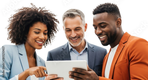 Three diverse professionals collaborating on a tablet transparent background cutout png
