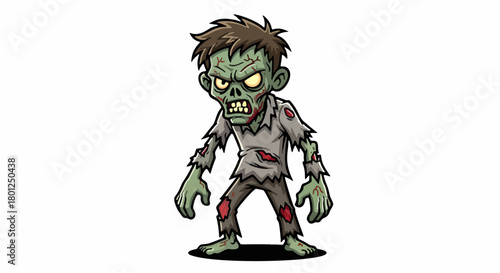 Cartoon zombie with green skin, tattered clothes, and an angry expression.