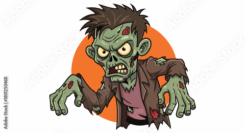 Cartoon zombie with green skin, tattered clothes, and an orange circle background.