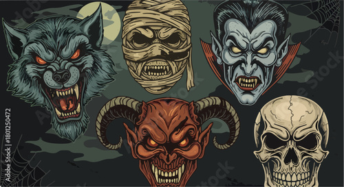 Halloween monsters: werewolf, mummy, vampire, devil, and skull.