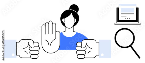 Woman with hand gesture signaling stop between two fists, magnifying glass, and a laptop. Ideal for conflict resolution, workplace dynamics, mediation, collaboration, boundaries, team management