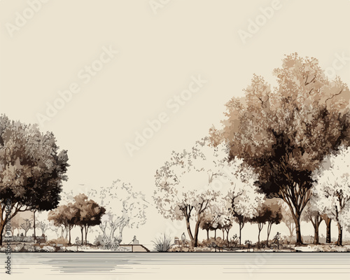 Ilustración vectorial de un paisaje natural con árboles detallados y un cielo claro, ideal para diseño.