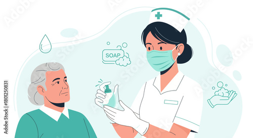 Medical Professional Spraying Sanitizer on a Patient, Healthcare Vector Illustration