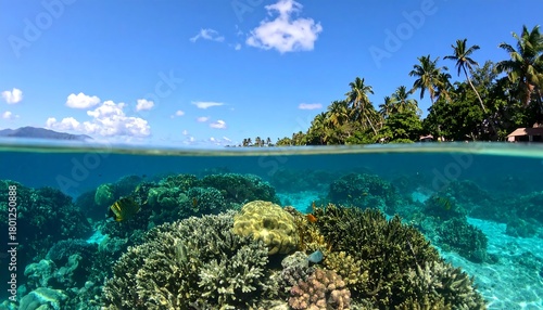 Underwater Paradise - Vibrant Coral Reef and Tropical Island View.