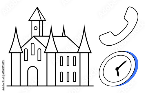 Outline of a medieval castle alongside a vintage telephone handset and clock. Ideal for heritage, communication, history, time management, storytelling, nostalgia, travel themes. Simple flat metaphor
