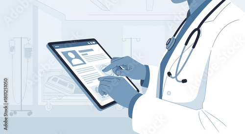 Medical Professional Uses Electronic Device to Access Digital Patient Information Records in Clinic