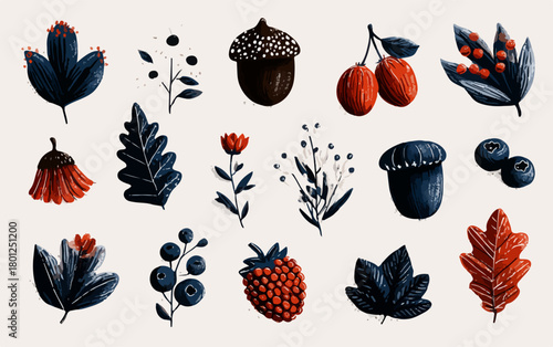 Conjunto de ilustraciones vectoriales de elementos botánicos dibujados a mano, perfectos para diseño y decoración.