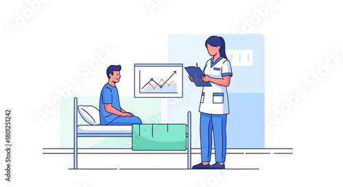 Medical Professionals Analyze Patient Data in a Hospital Room Setting Illustration