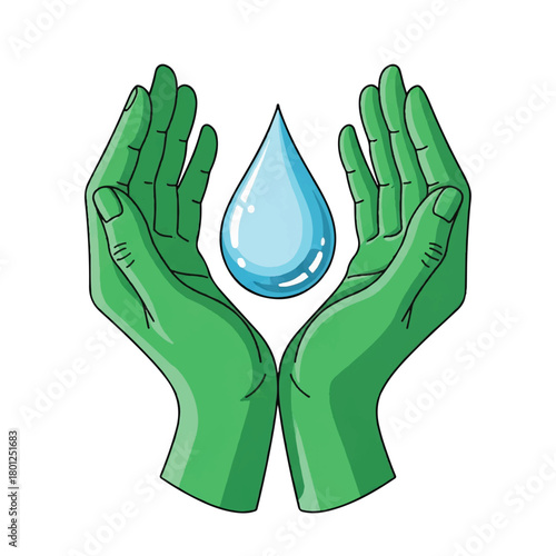 Protective hands cradle a clear water droplet, symbolizing conservation and environmental stewardship.