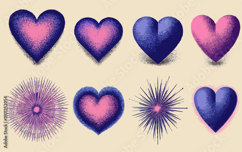 Conjunto de elementos de diseño vectorial con corazones y explosiones con texturas granuladas para proyectos creativos y modernos.