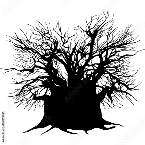 Silhouette Of A Gnarled Bare Tree With Intricate Branches Against A Transparent Background